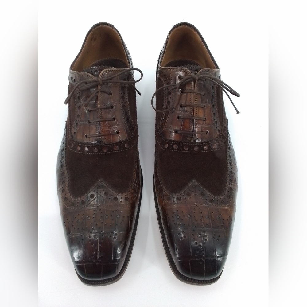 DI Bianco Scarpe Dress Shoe Oxford BROWN SUEDE & ALLIGATOR Wingtip Leather sz 10 - Picture 3 of 12